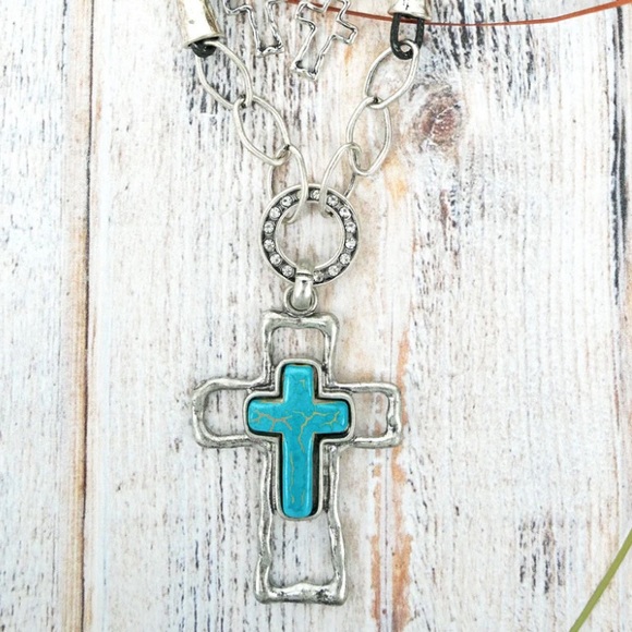 Jewelry - Turquoise and Silvertone Kearny Cross Necklace